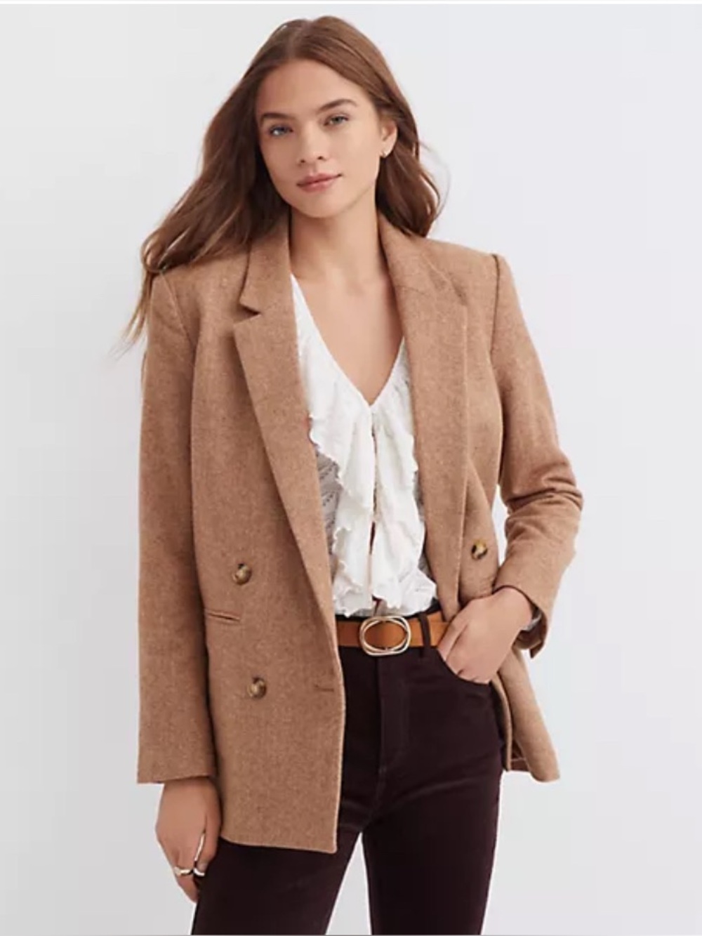 LOFT Camel Herringbone Double-Breasted Wool-Blend Blazer with Gold Buttons